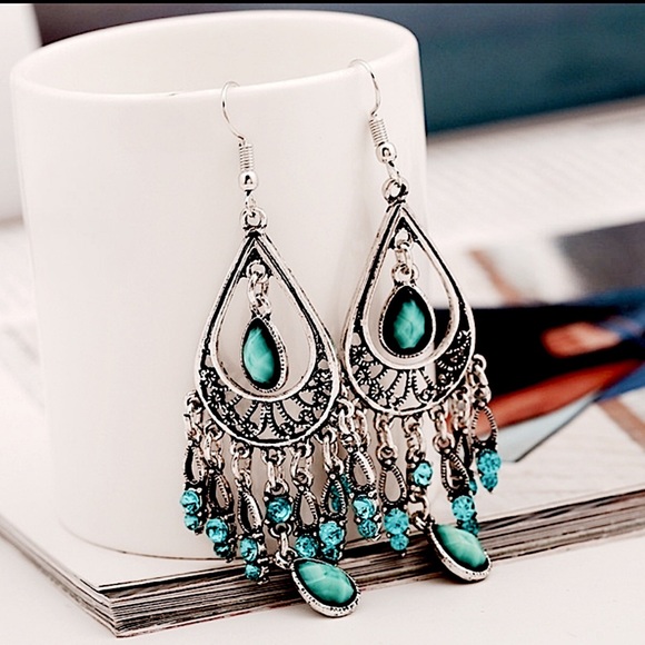 BRAND NEW/HANDMADE BY ME Sterling Silver & Teal Glass Beaded Chandelier Earrings - Picture 4 of 8